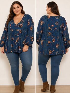 Blu Pepper Plus Size Navy Floral V-Neck Lace-Trim Peasant Blouse